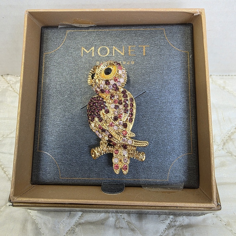 New In Box Vintage Monet Owl Rhinestone Gold Tone Brooch Pin Grannycore OldMoney